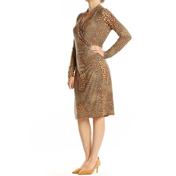 Norma Kamali Cocoa Animal Surplice Faux Wrap Stretch Jersey Dress Large - Picture 9 of 9